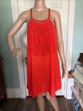 Umgee Orange/Red Fringe Crochet Yoke Racerback Sundress Size M